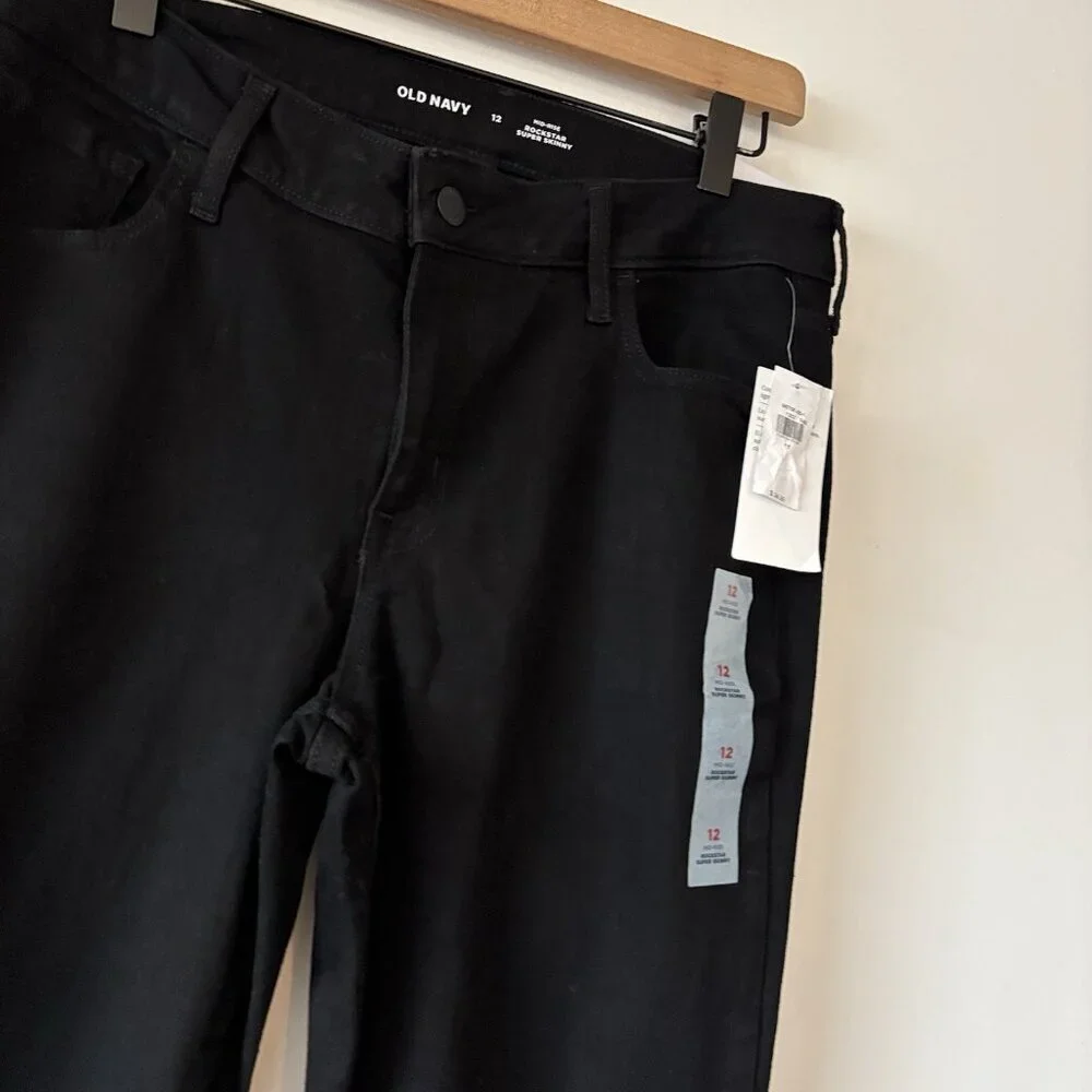 Old Navy Womens Sz 12 Mid‎ Rise Rockstar Super Skinny Black Jeans NWT Casual NWT